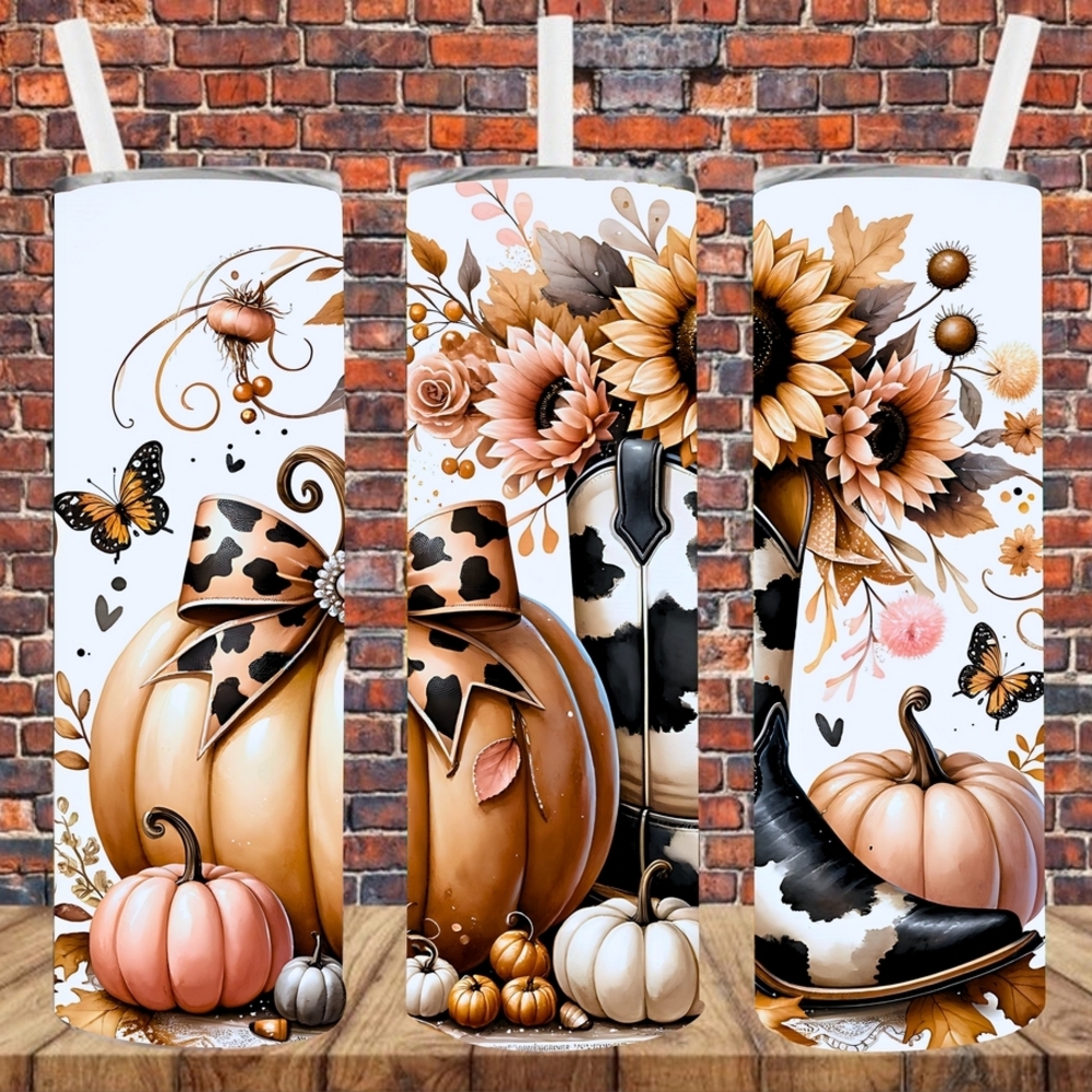 Sublimation Orange, White and Black Pumpkin Floral Tall Tumbler